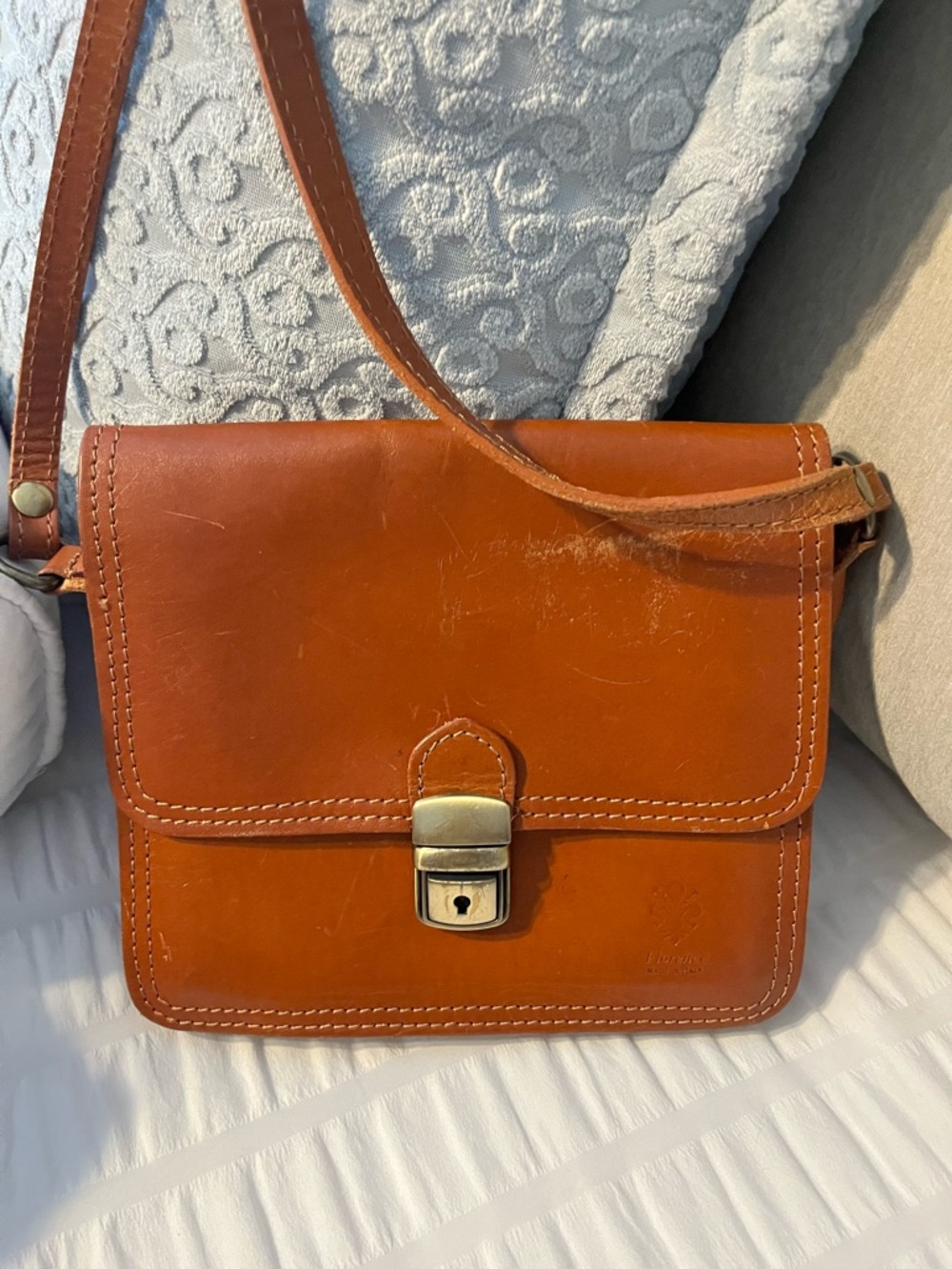 Vintage Florence Italian Leather Crossbody Bag with Brass Lock